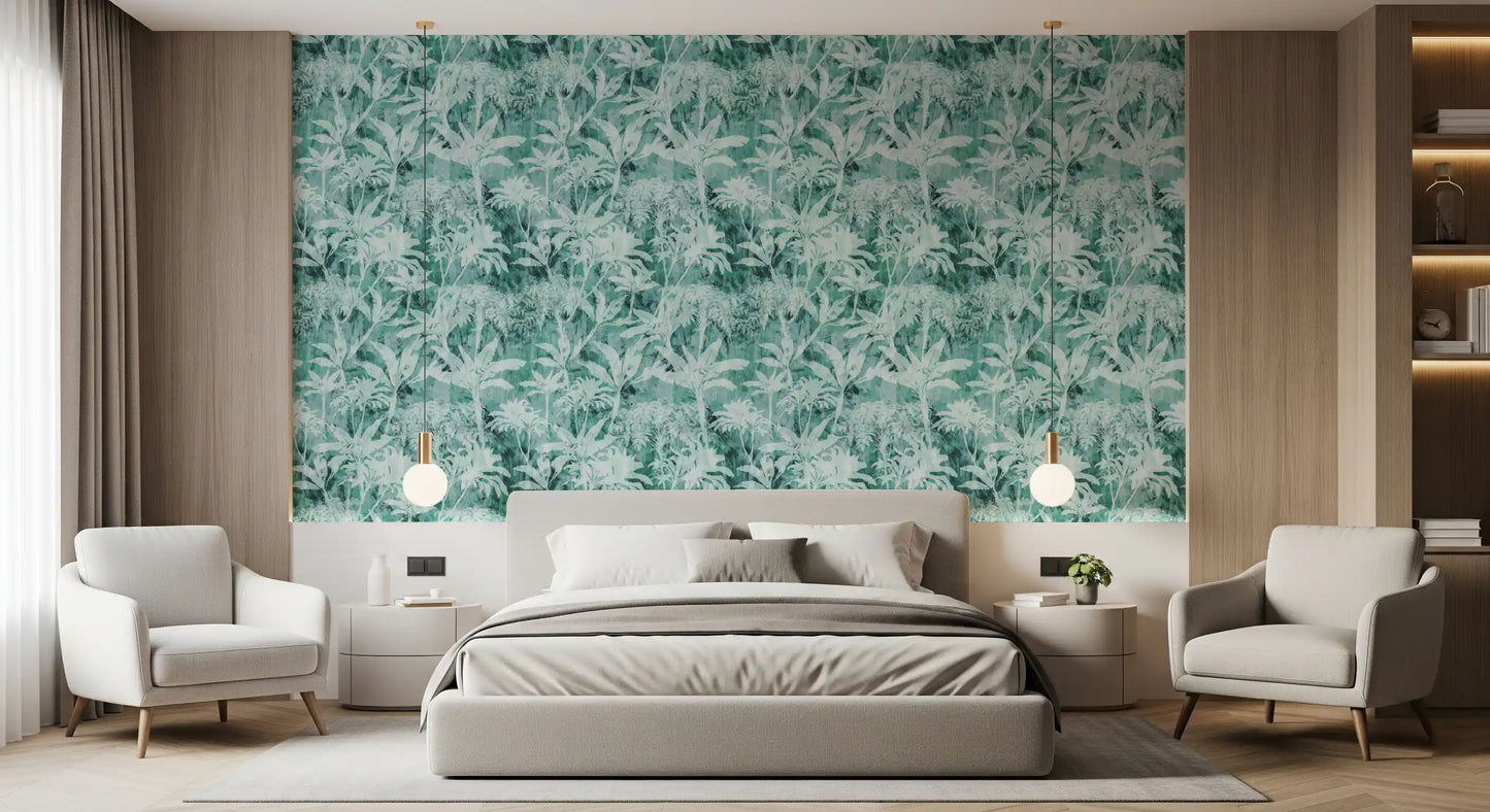Teal Tropical Botanical Foliage Wallpaper⁠
