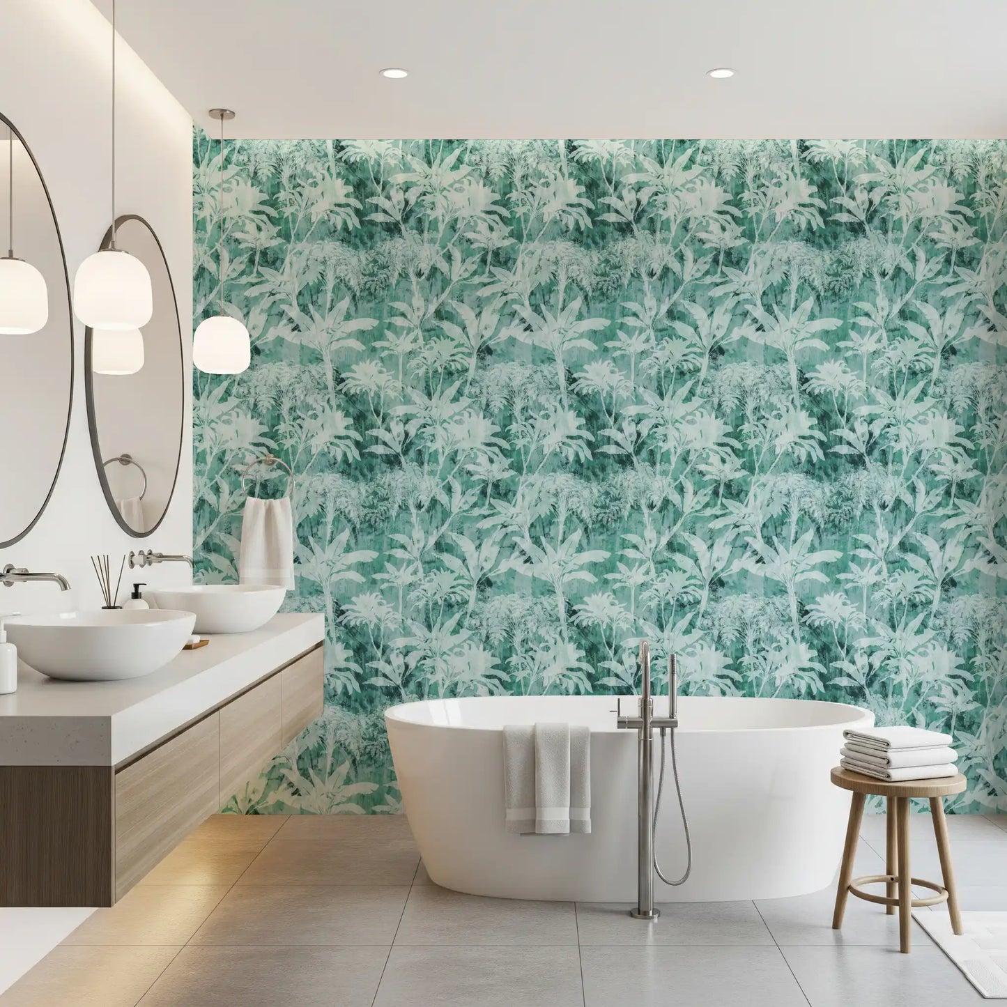 Teal Tropical Botanical Foliage Wallpaper⁠