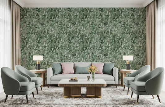 Muted Forest Leaf Ombre wallpaper warms a calm living room in sage tones GD12346
