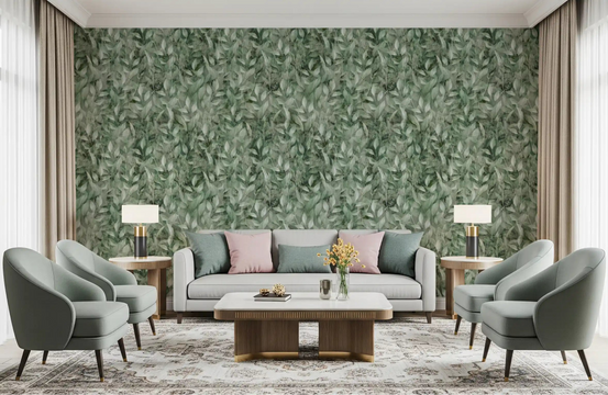Muted Forest Leaf Ombre wallpaper warms a calm living room in sage tones GD12346
