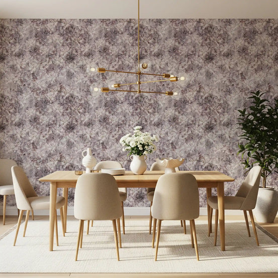 Dining room wrapped in vintage lilac lily wallpaper with chalky petals GD12347