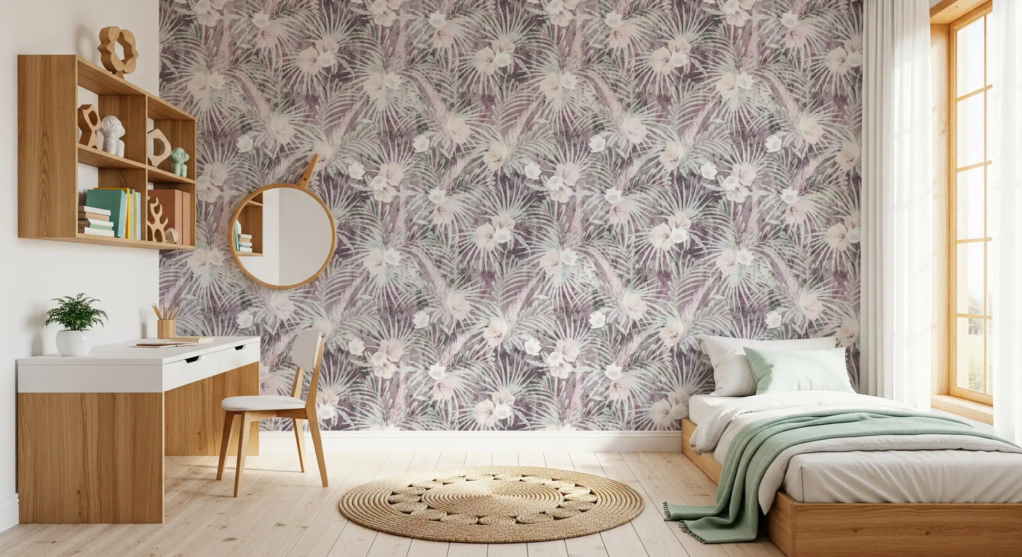 Muted Tropical Palm and Floral Drift Wallpaper⁠