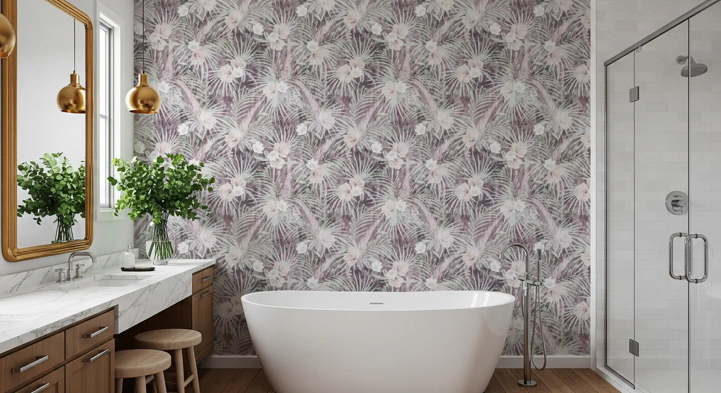 Muted Tropical Palm and Floral Drift Wallpaper⁠