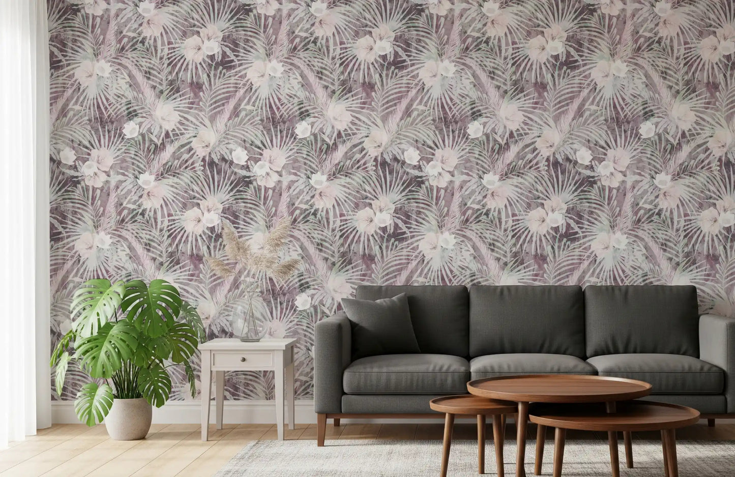 Muted Tropical Palm and Floral Drift Wallpaper⁠