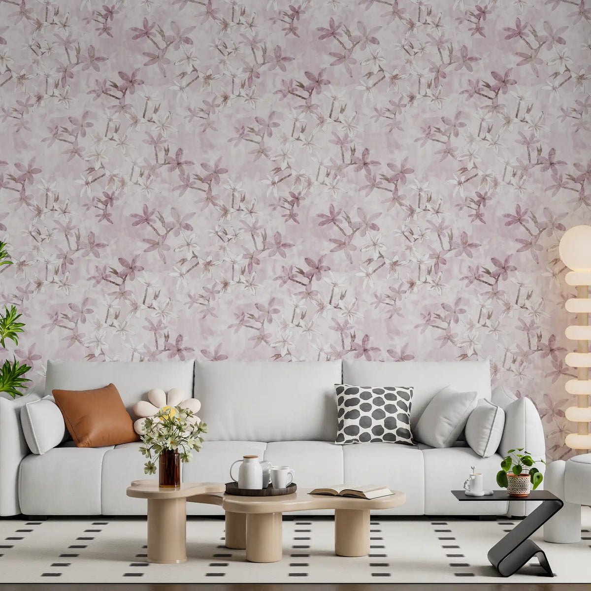 Frangipani flowers of the Petal Drift wallpaper lift a living room with pink calm GD12352
