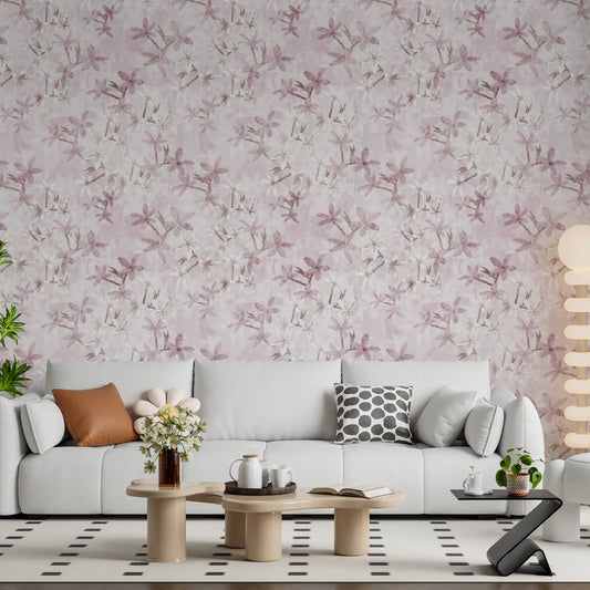 Frangipani flowers of the Petal Drift wallpaper lift a living room with pink calm GD12352