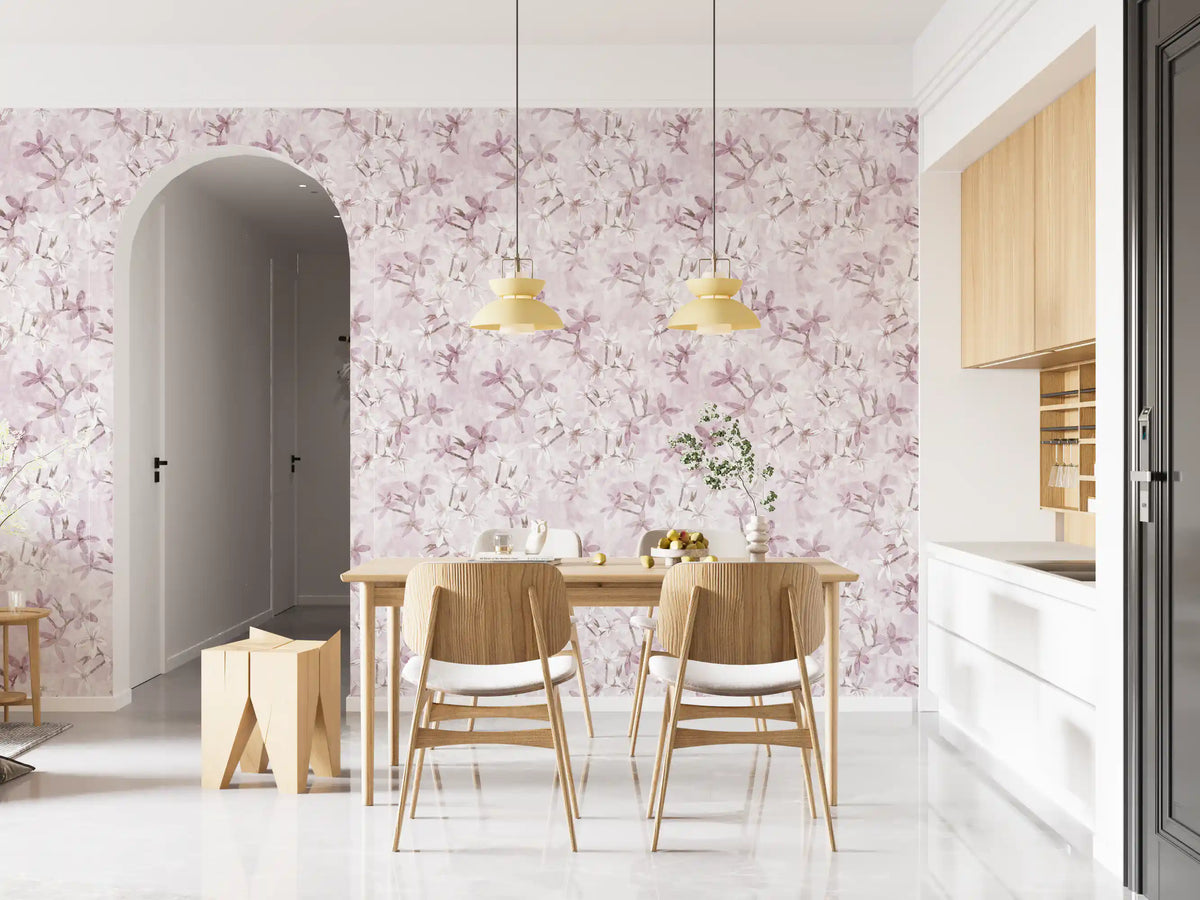 Romantic blooms of the Blush wallpaper dress a quiet lounge and dining area GD12352
