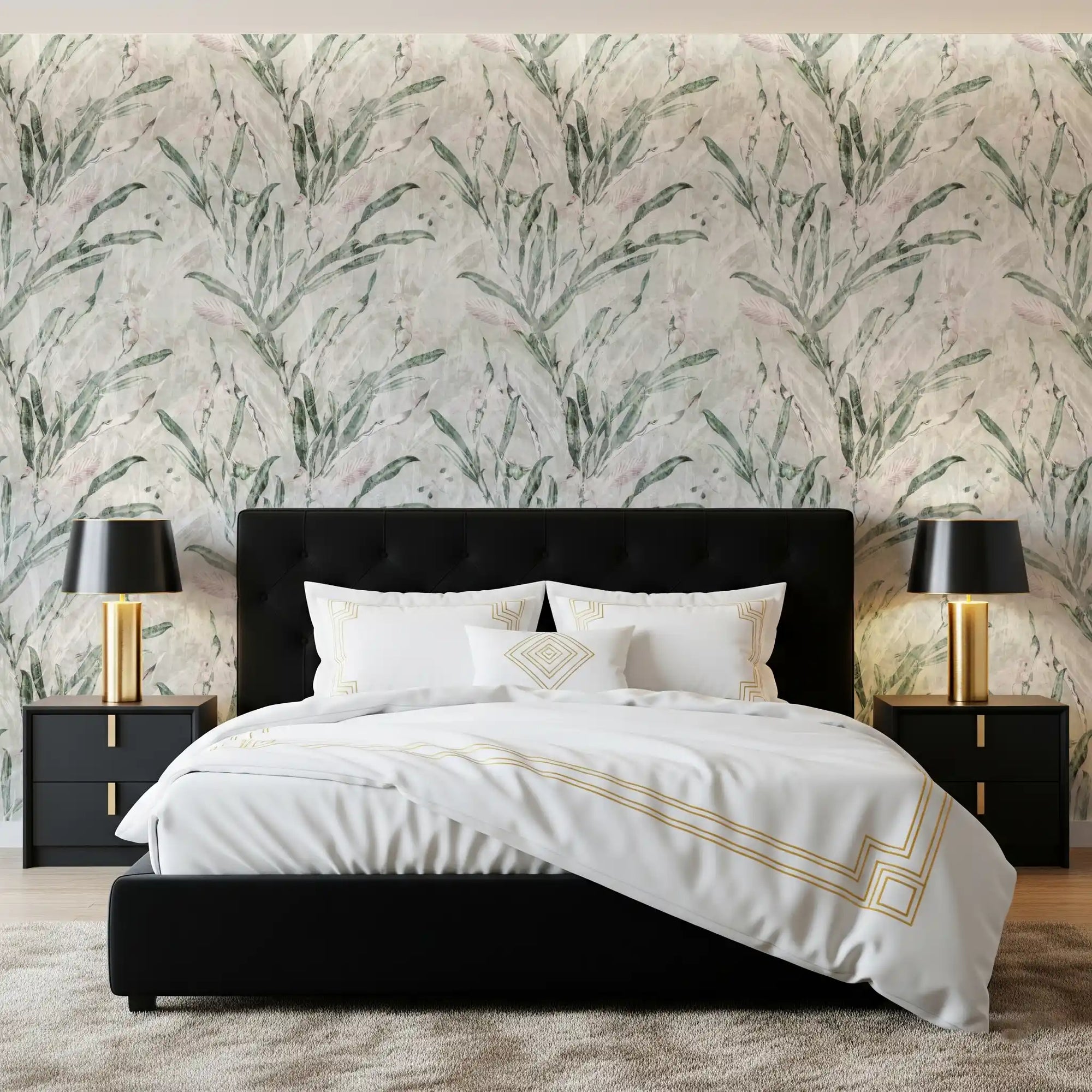 Sage leaves calm a restful bedroom in the Ethereal Botanical wallpaper GD12353