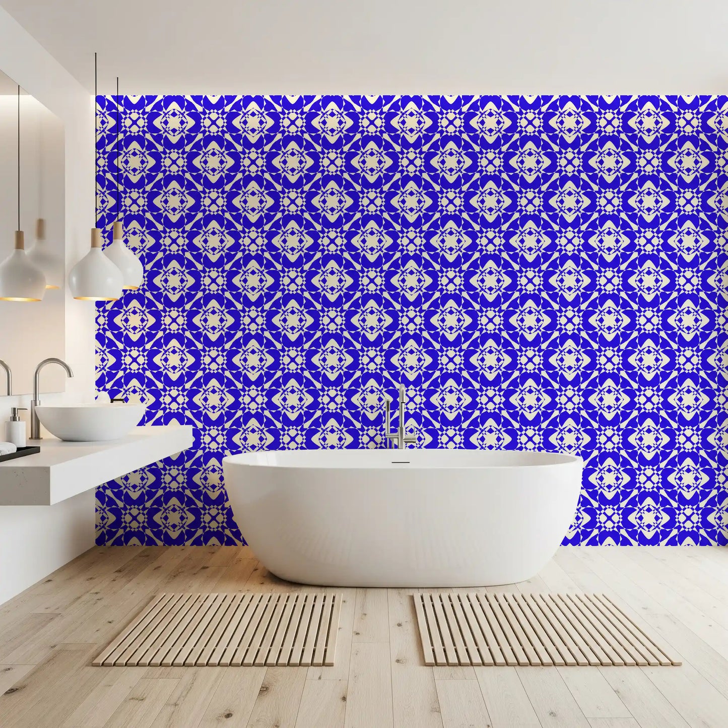 Modern Blue and Cream Abstract Grid Wallpaper⁠