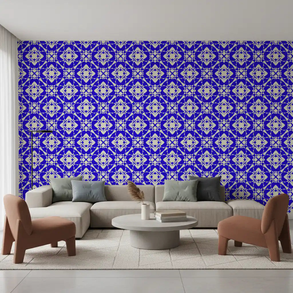 Modern Blue and Cream Abstract Grid Wallpaper⁠