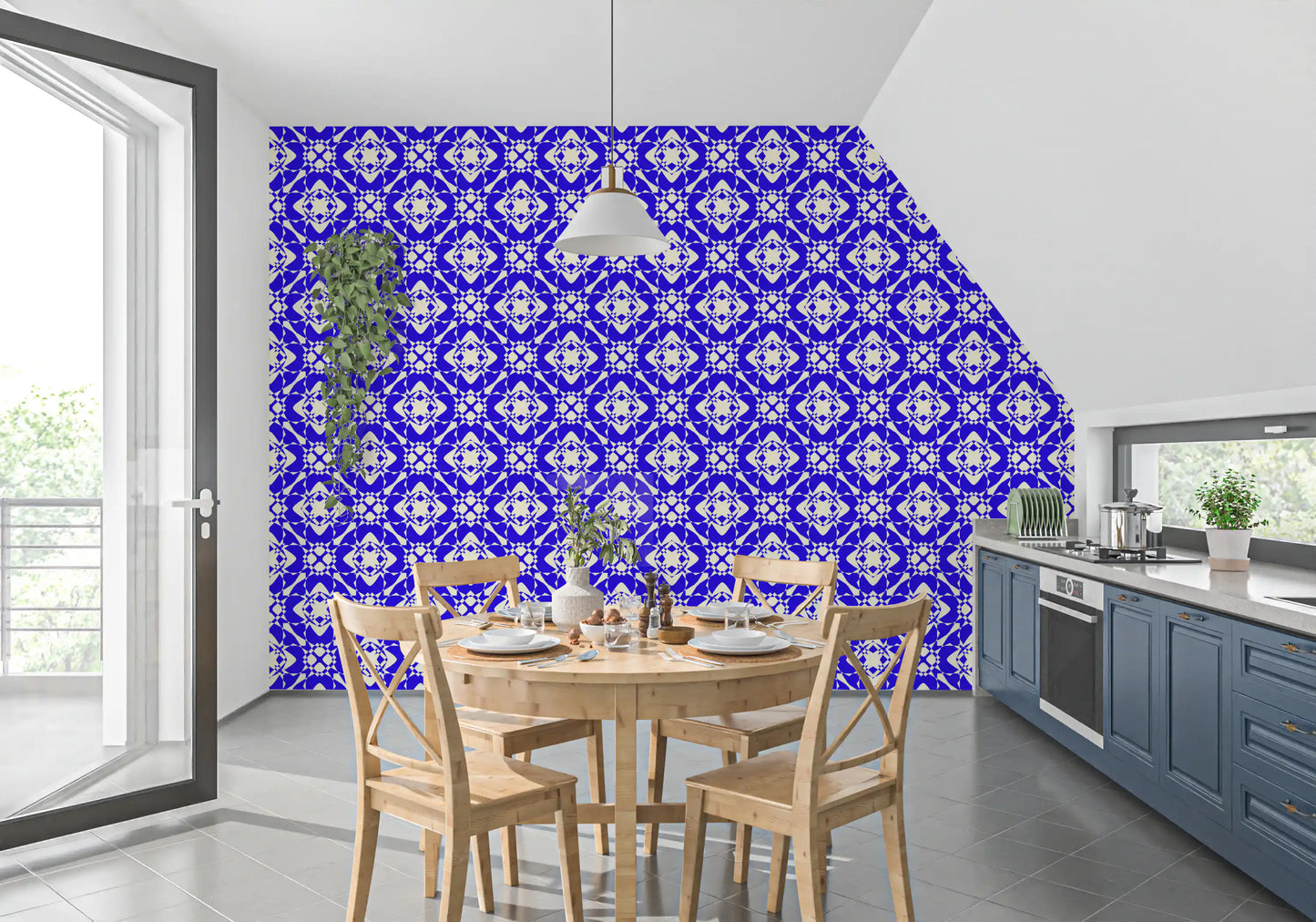 Modern Blue and Cream Abstract Grid Wallpaper⁠