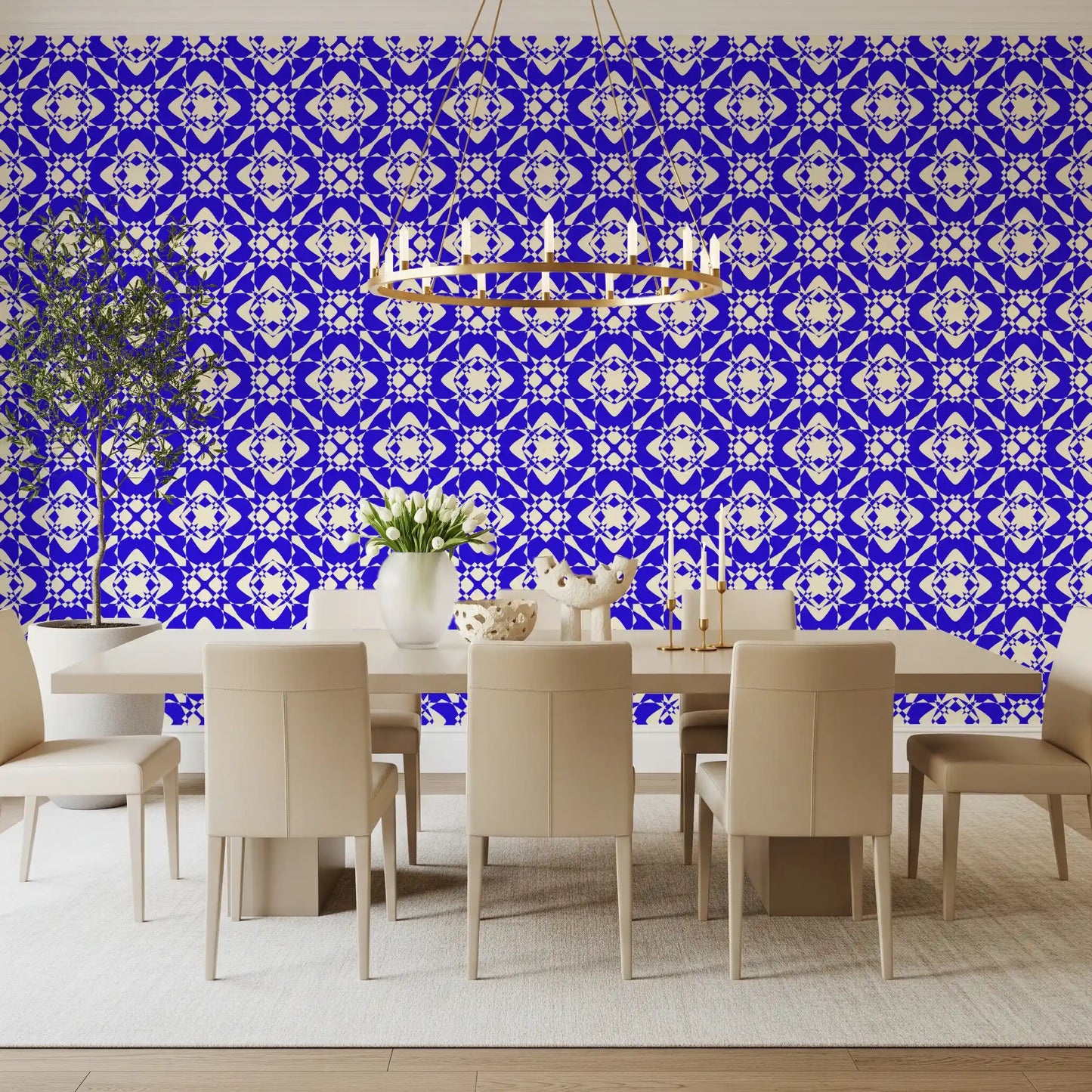 Modern Blue and Cream Abstract Grid Wallpaper⁠
