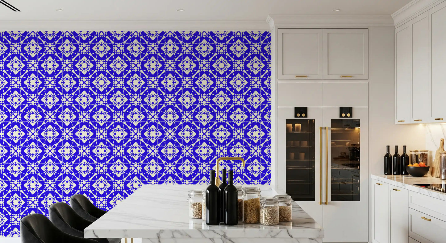 Modern Blue and Cream Abstract Grid Wallpaper⁠