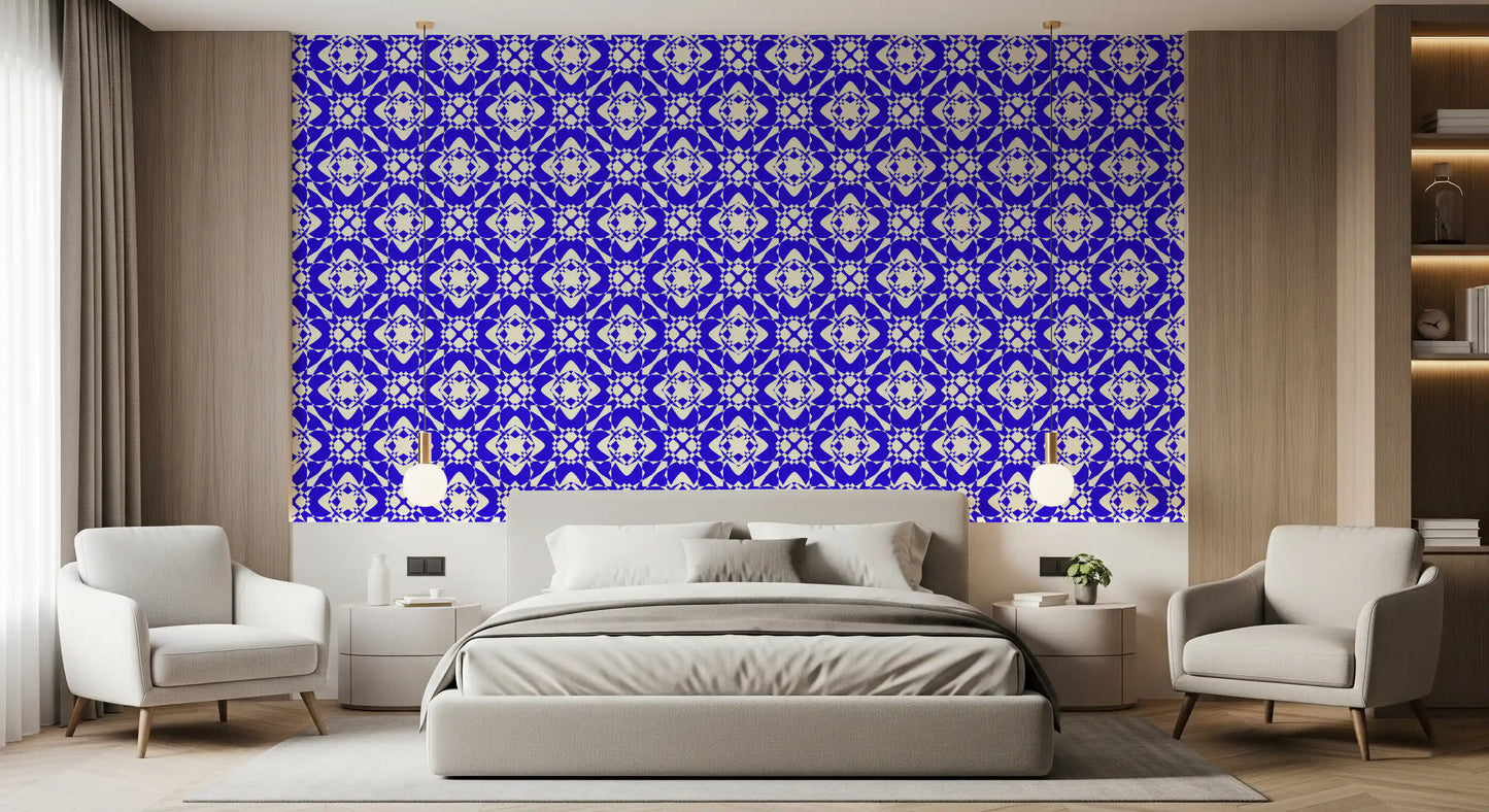 Modern Blue and Cream Abstract Grid Wallpaper⁠