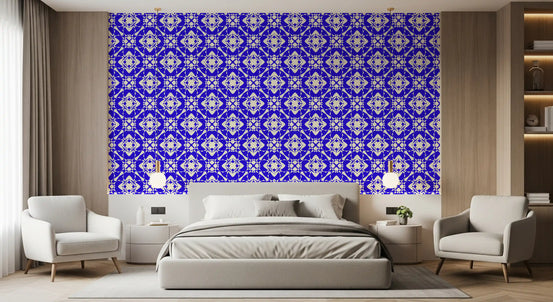 Cobalt grid sets a bold bedroom in the Modern Abstract wallpaper GD12355