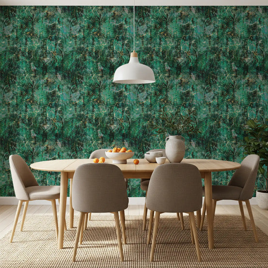 Abstract Emerald Fractured Glaze wallpaper wrapping a dining space GD12357
