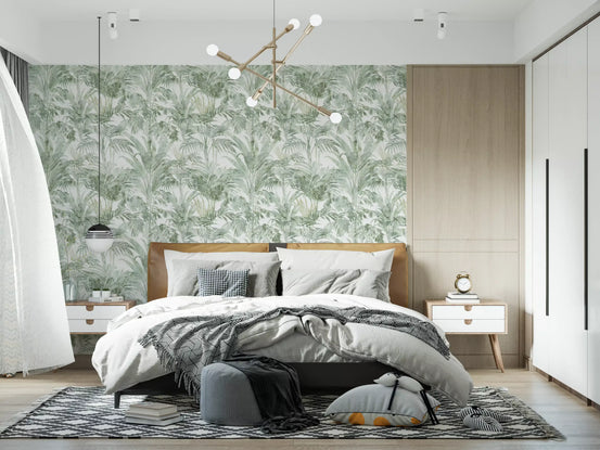 Tropical palm fronds calm a restful bedroom in the Sage Botanical wallpaper GD12358