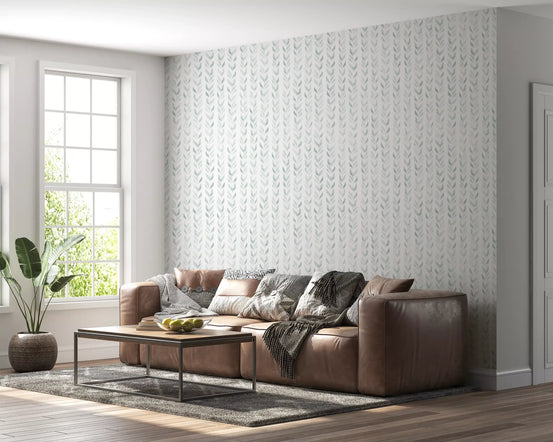 Vertical leaf vines line a calm living room in the Watercolor wallpaper GD12359
