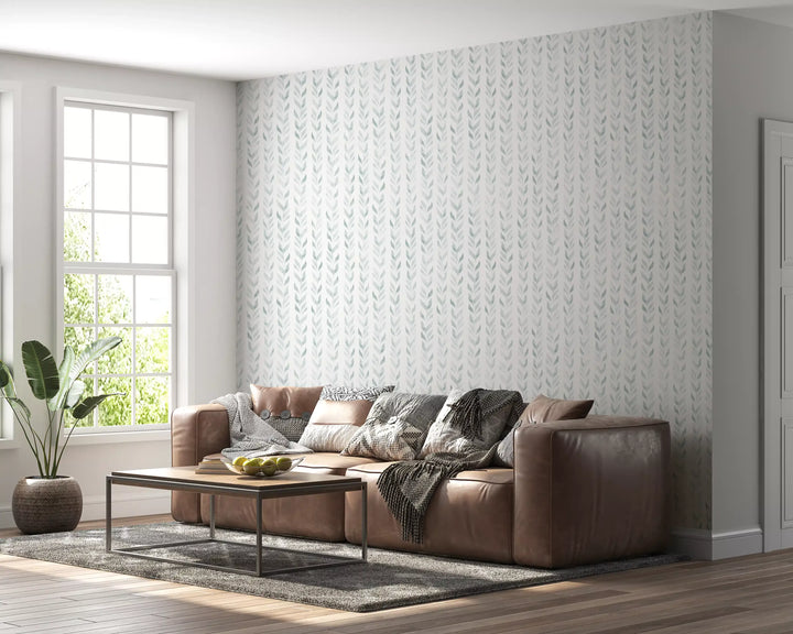 Vertical leaf vines line a calm living room in the Watercolor wallpaper GD12359