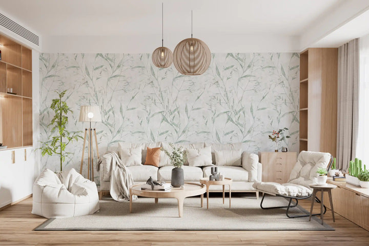 Meadow leaves soften a calm living room in the Ethereal Botanical wallpaper GD12361