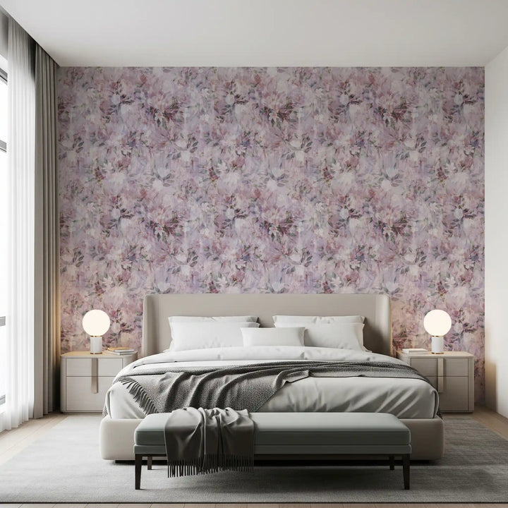 Muted florals suit a calm bedroom in the Meadow Brushstroke wallpaper GD12364