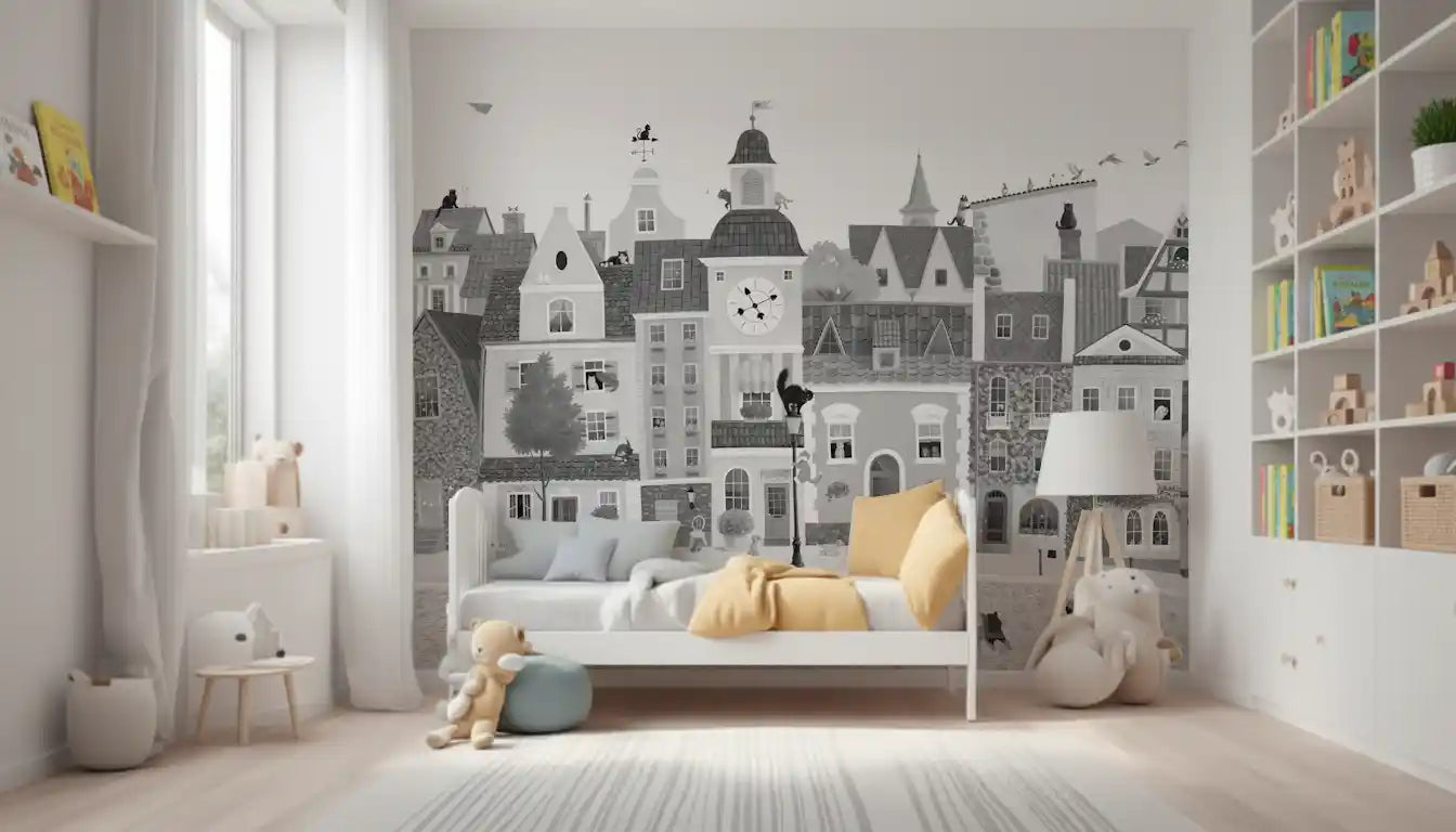 Feline Street Scene Monochrome Illustration Wall Mural
