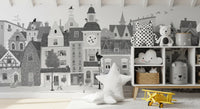Feline Street Scene Monochrome Illustration Wall Mural