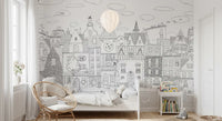 Whimsical Feline Cityscape Illustration Wall Mural