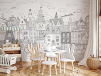 Whimsical Feline Cityscape Illustration Wall Mural