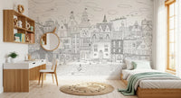 Whimsical Feline Cityscape Illustration Wall Mural