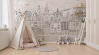 Whimsical Feline Cityscape Illustration Wall Mural