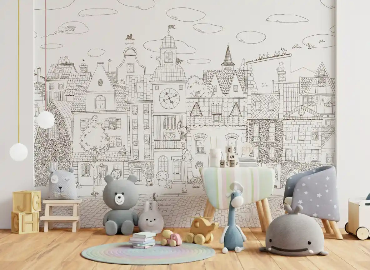 Whimsical Feline Village Scene Wall Mural