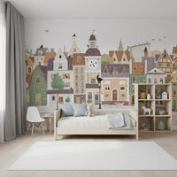 Cat and dog village mural behind a white bed and a cube shelf with a ghost toy GD12398