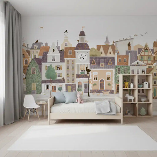 Whimsical Cat and Dog Village Townscape Wall Mural