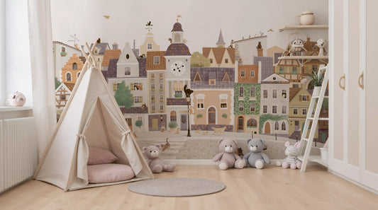 Whimsical Cat and Dog Village Townscape Wall Mural