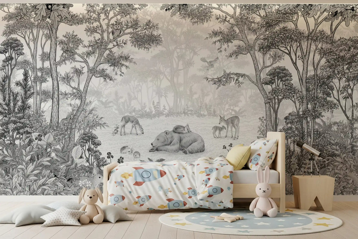 Grey woodland wildlife wall mural above a bed with space rocket bedding and plush bunnies GD12399