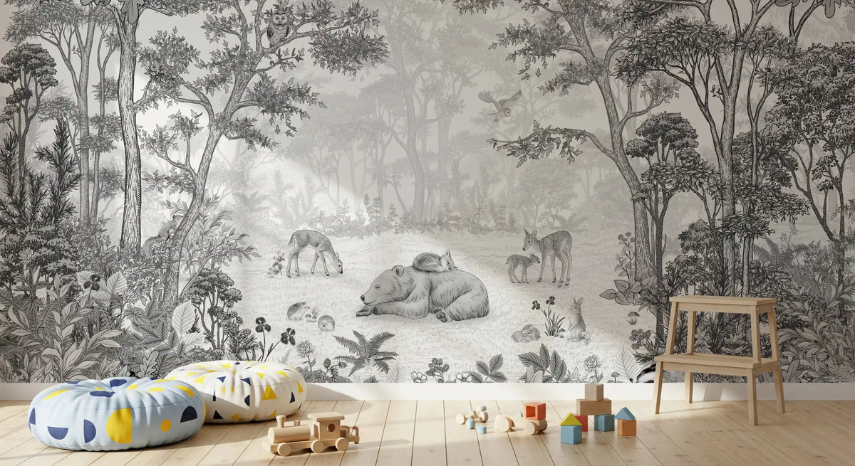 Enchanted woodland wildlife mural behind a wooden stool, patterned pouf and train toy GD12399