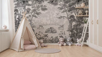 Enchanted forest mural framing a canvas teepee tent and plush teddy bears GD12399