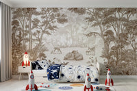 Woodland wildlife wall mural above a bed with space bedding and rocket toys GD12400