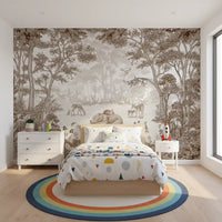 Brown woodland scene mural behind a white dresser and a bed with confetti dot bedding GD12400