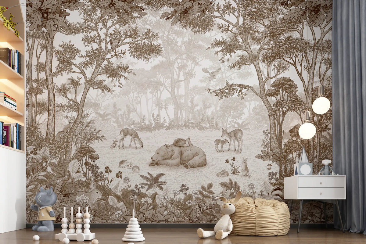 Brown woodland mural with a nightstand, plush toys, bean bag and wooden stacking blocks GD12400