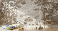 Sepia woodland mural above a wooden stool, colourful pouf and wooden pull toys GD12400