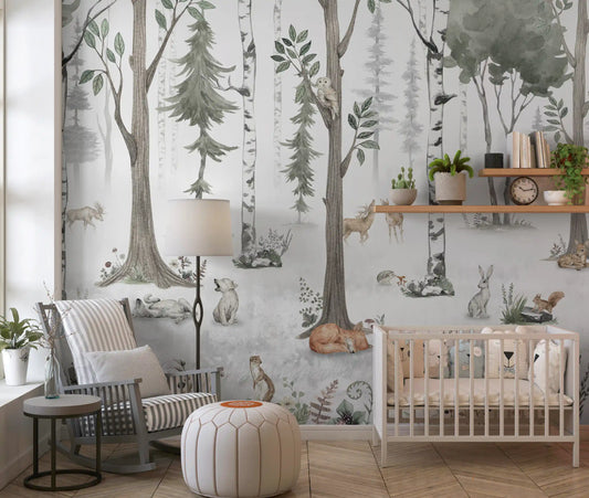 Misty Woodland Animal Gathering Wall Mural