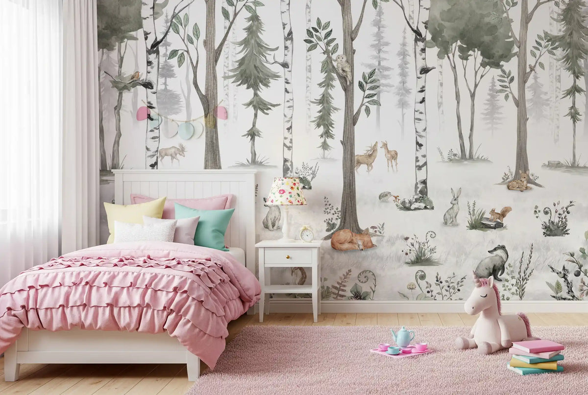 Watercolour forest mural above a pink ruffle girls bed with soft cushions and a unicorn toy GD12401