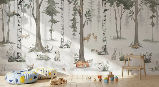 Misty Woodland Animal Gathering Wall Mural