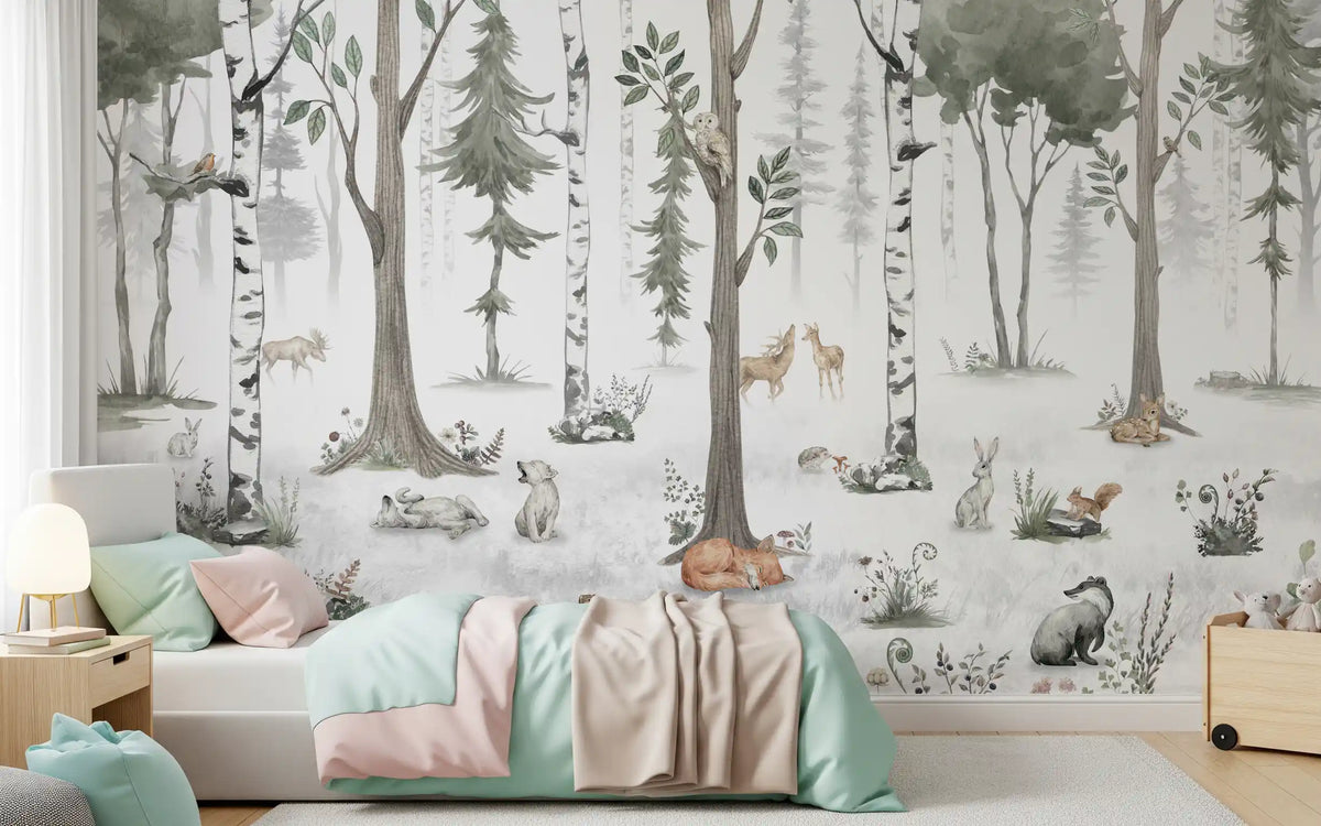 Green birch forest mural behind a bed with mint and pink bedding and a dinosaur toy GD12401