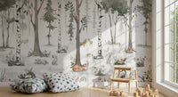 Misty woodland animal wall mural in a room with star poufs, wooden toys and a bookshelf GD12401