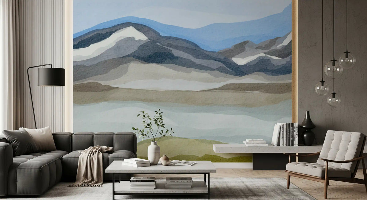 Norwegian fjord wall mural behind a dark grey tufted sofa and white accent chair in a lounge GD12404