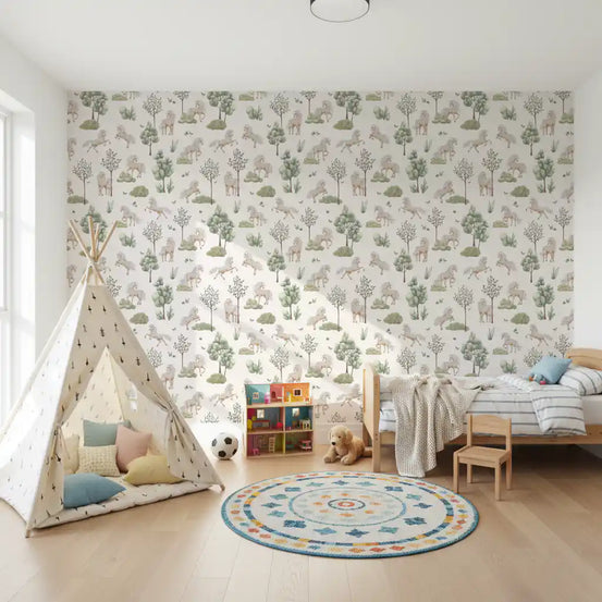 Galloping pony woodland wallpaper in a kids room with a teepee tent and round mandala rug GD12407