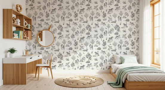 Monochrome unicorn wallpaper in a kids room with a white desk and mint throw bed GD12410